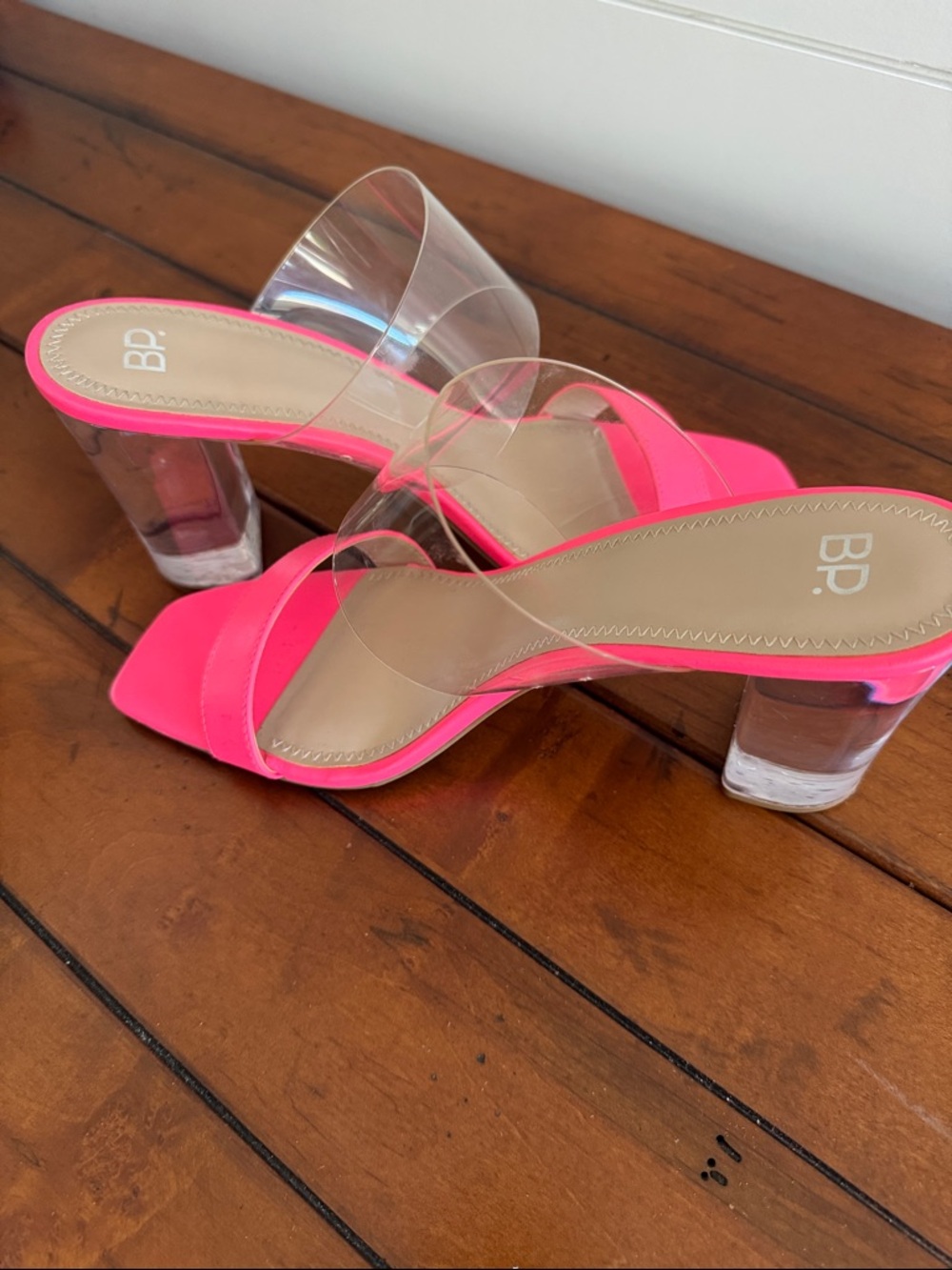 BP Neon Pink Clear-Strap 3.5 Block Clear Heel Sandals